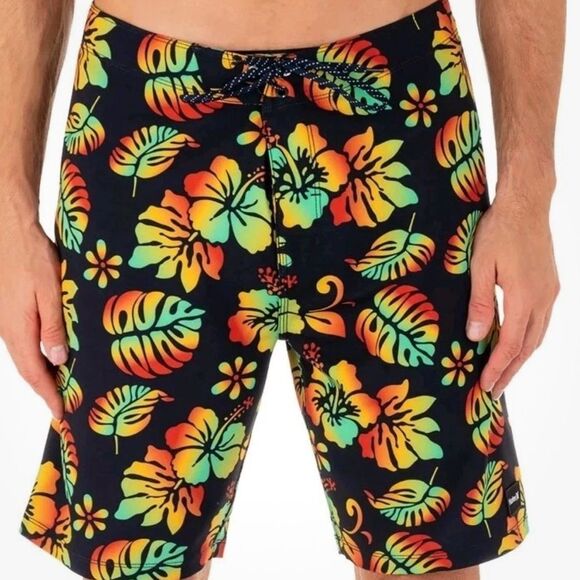 NWT Hurley Board Shorts Swim Phantom Quick Dry 4 Way Stretch Tropical Black 32 - Picture 1 of 13